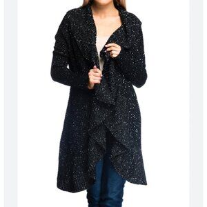 Soft Surroundings Black Glitter Lomg Sleeved Winter Ruffle Open Cardigan Sweater